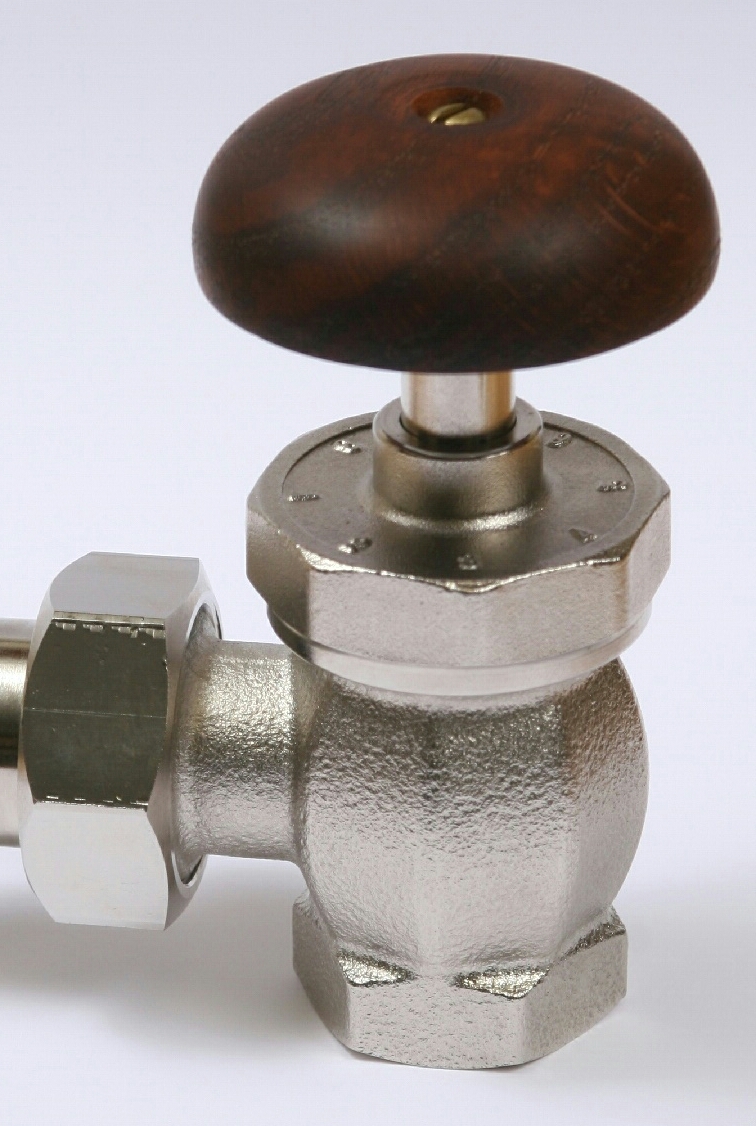 Wooden Handle Radiator Valves with a nickel finish.