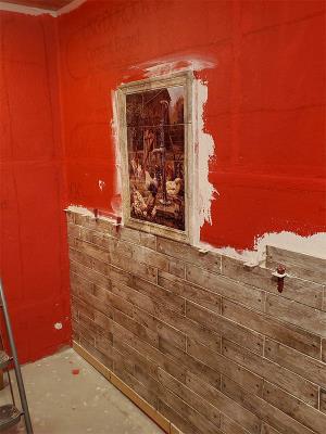 Red on the walls is waterproofing. Rear wall tiling started.